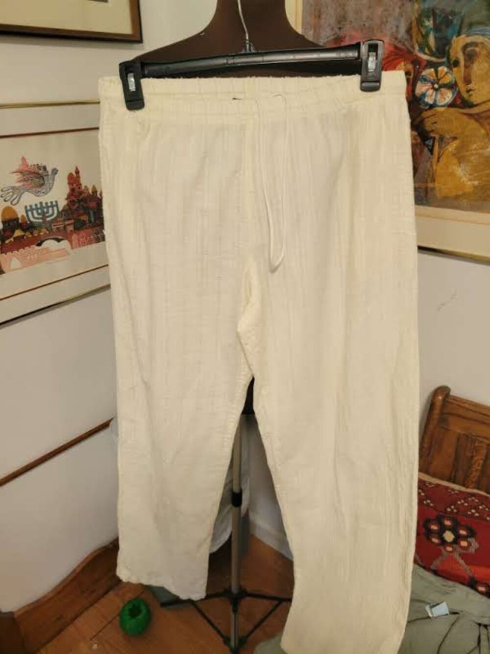 Vintage Cream Drawstring waist Loose Unisex Pants from Manos Bratis